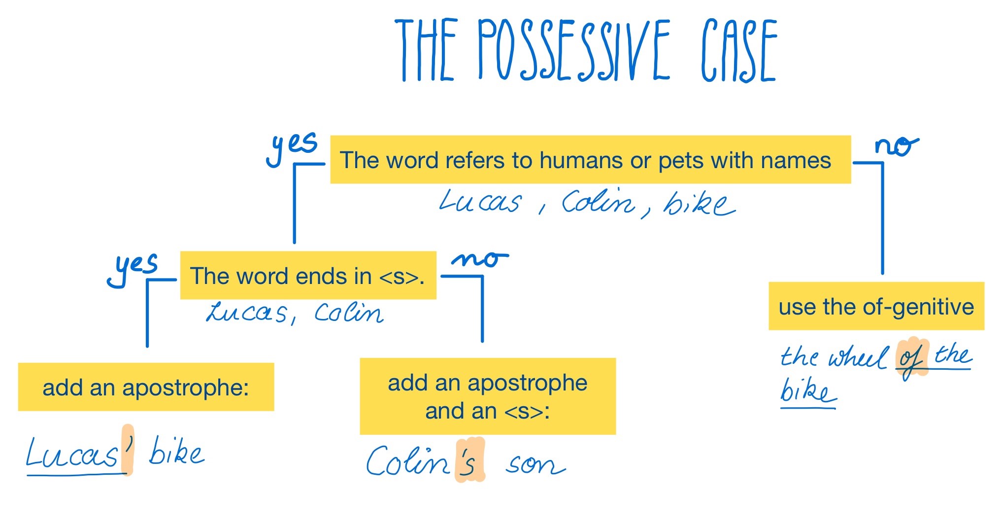 Englischer Genitiv mit S oder of? ein Flussdiagramm, das den Entscheidungsprozess visualisiert. Possessive case with s or of? A flow chart that helps you decide.